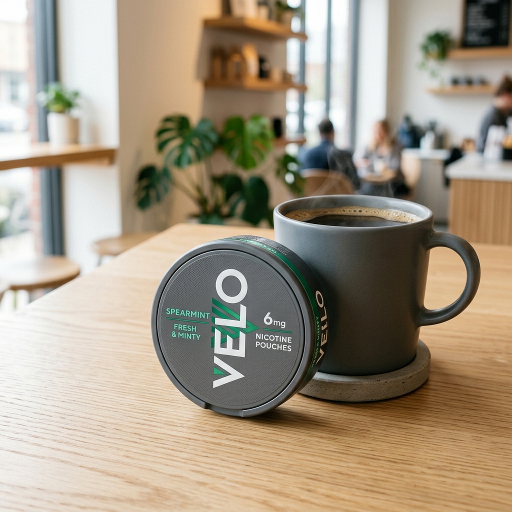 A tin of nicotine pouches sitting on a table next to a cup of coffee