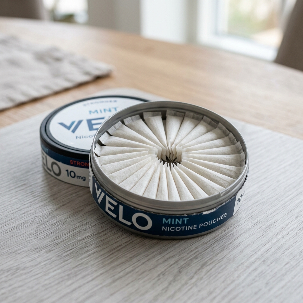 An open tin showing white nicotine pouches arranged neatly inside