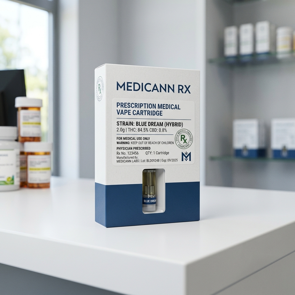 Compliant prescription vape packaging on a pharmacy counter