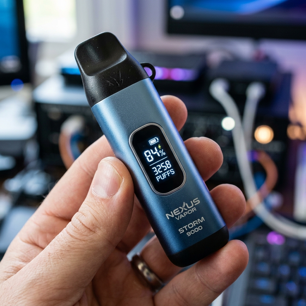 Close-up of disposable vape displaying battery and puff indicators