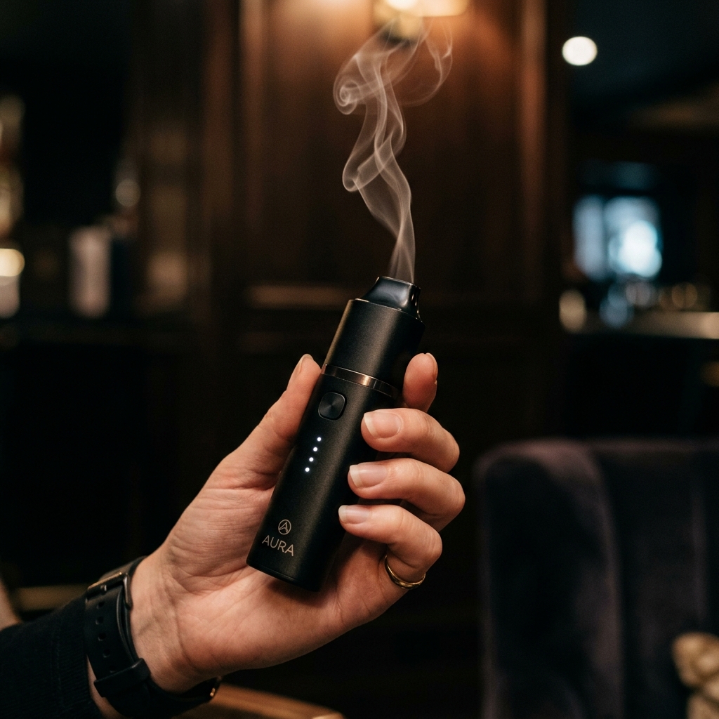Wispy curl of vapor rising from black vaporiser mouthpiece