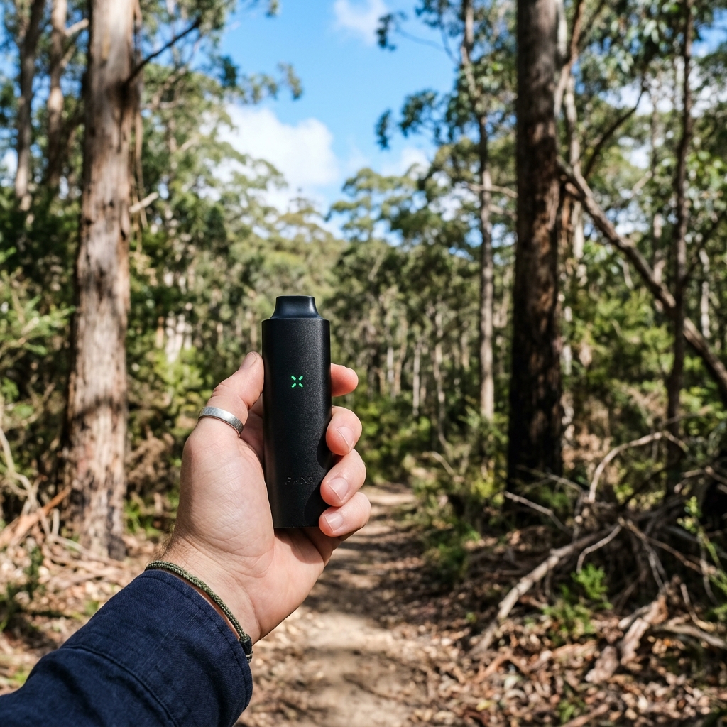 Sleek black portable dry herb vaporiser held in hand with eucalyptus forest background
