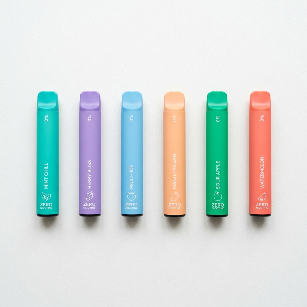 A flatlay of several colourful zero nicotine disposable vapes
